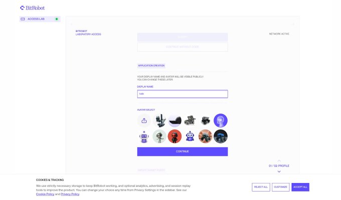 A BitRobot AccessLab affiliate sign-up page displaying username entry field ('ruki'), an avatar selection grid, and a purple 'CONTINUE' button, with cookie consent options at the bottom.