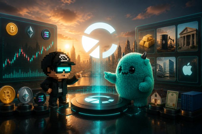Stylized digital artwork depicting crypto-themed characters—a pixelated figure in sunglasses and a cute green horned monster—standing before trading screens showing Bitcoin and Ethereum prices, with stock/commodity assets on the right.