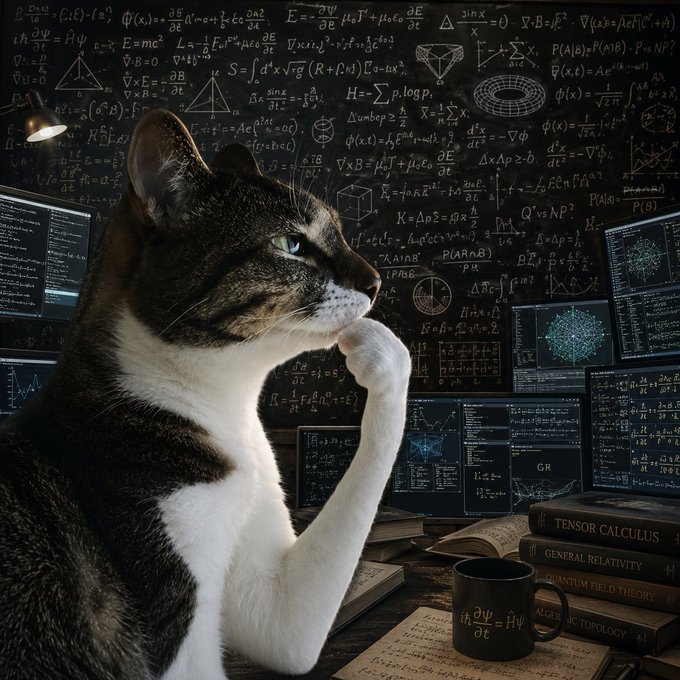 AI-generated image of a contemplative tabby cat posed in a thinking gesture, sitting before a chalkboard covered in physics and mathematics equations, with computer monitors displaying data visualizations and books on Tensor Calculus and General Relativity.
