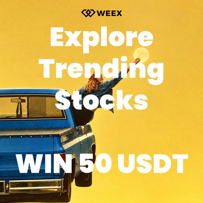 A WEEX promotional graphic featuring a person leaning out of a blue truck against a yellow background, with text reading "Explore Trending Stocks" and "WIN 50 USDT," aligning with the post's giveaway offering 50 USDT to five winners who pick a trending stock.