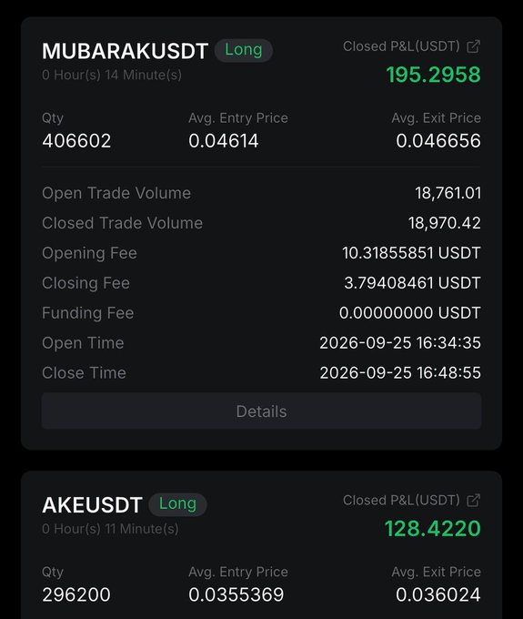 A trading app interface showing two closed long positions with green profits: MUBARAKUSDT with a P&L of 195.2958 and AKEUSDT with a P&L of 128.4220.