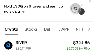 A crypto portfolio interface displays a RIVER token holding of 116.74759 valued at $321.86, up 4.9% (+$2.7569), with a promotional banner above offering up to 3.5% APY for holding USGD on X Layer. The image reflects an active RIVER position and aligns with the accompanying post about River's chain abstraction stablecoin system and ongoing S5 airdrop claims.