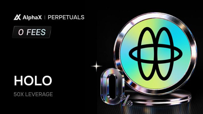 An advertisement for AlphaX Perpetuals featuring a 3D metallic globe emblem, promoting "0 FEES" and "HOLO" trading with "50X LEVERAGE".