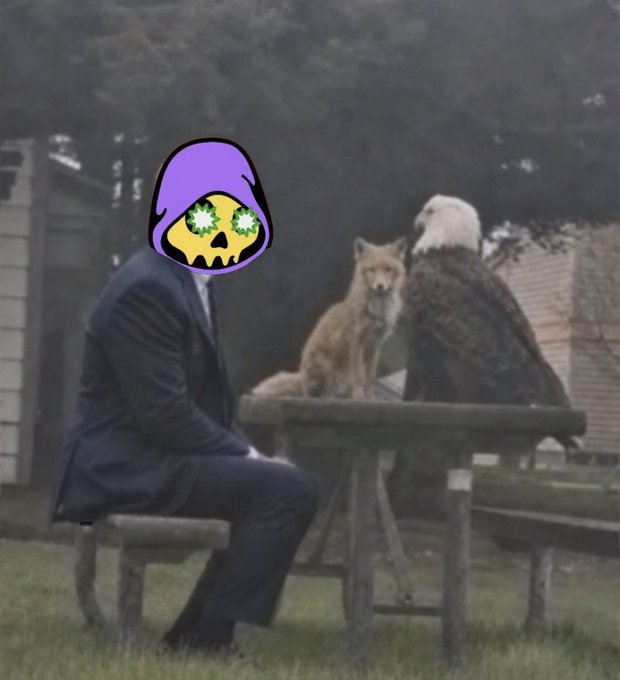 A surreal edited image showing a man in a suit sitting at a picnic table with a fox and an eagle, with his head replaced by a purple skull graphic.