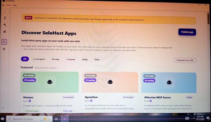 A computer screen displays the SoloHost desktop application in beta, featuring a 'Discover SoloHost Apps' page with featured apps like Hermes, OpenClaw, and Atlassian MCP Server.