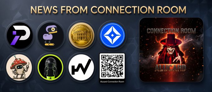 The image displays "NEWS FROM_CONNECTION ROOM" featuring logos for various projects including Parad0x, Rokbenko, Mansion On Sol, BaseStonk, Organic Mycel, DeepBot, WURK, along with an "ALUCARD" Connection Room graphic and a QR code labeled "Alucard Connection Room."