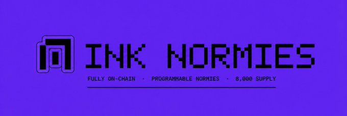 A purple banner for 'INK NORMIES' reading 'FULLY ON-CHAIN · PROGRAMMABLE NORMIES · 8,000 SUPPLY' with a stylized 'N' logo.