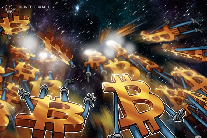 A Cointelegraph illustration depicting multiple anthropomorphized Bitcoin symbols soaring through a starry cosmic background with light beams.
