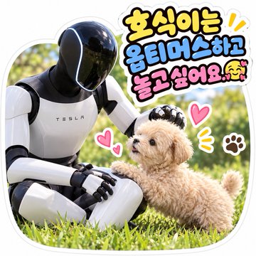 An illustrated image shows a Tesla Optimus robot playing with a small fluffy dog on grass, accompanied by Korean text and pink hearts.