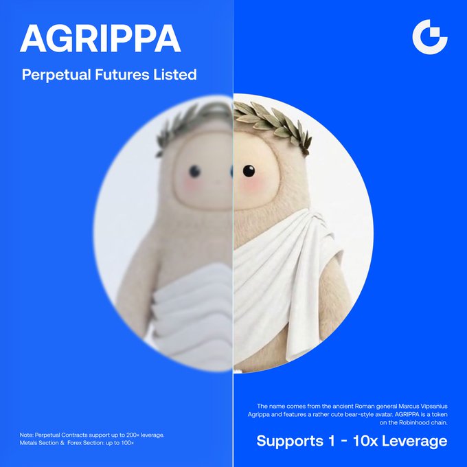 A promotional graphic for AGRIPPA's listing on Gate.io, featuring a cute bear-style avatar dressed in a Roman toga with a laurel wreath (referencing Marcus Vipsanius Agrippa), announcing that the token now supports 1-10x leverage perpetual futures trading on the Robinhood chain.