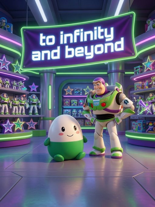 Buzz Lightyear and a small egg-like creature stand together in a neon-lit toy store beneath a glowing sign reading 'to infinity and beyond'.