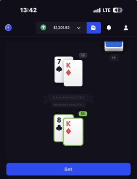 A person showcases a blackjack game interface on Betbolt with a $1,201.92 balance, displaying a winning hand of 7 and King, paired with the dealer's 8 and K, celebrating their biggest win ever as mentioned in the caption.