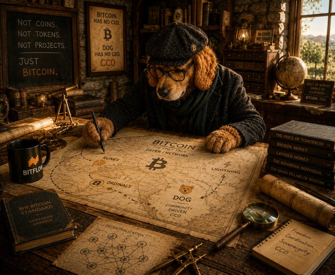 The image features a dog wearing glasses sitting at a desk with a map of Bitcoin written on it, surrounded by books and other items such as a globe and a magnifying glass. The caption reads "GM $DOG Legends. Most people spend their time chasing narratives. I prefer studying foundations. Bitcoin has no owner. DOG has no owner. No CEOs. No VCs. No foundation. Just code. Just community. Just conviction. Have a great".