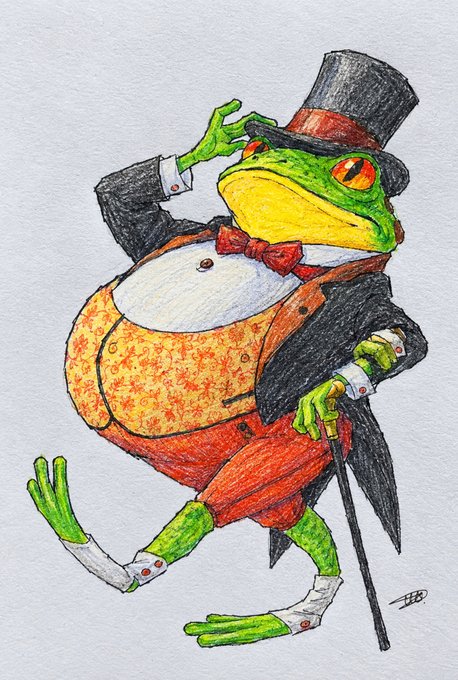 A colorful illustration of a green frog dressed in formal attire, including a black top hat, tuxedo jacket, red bow tie, and orange pants, holding a cane.