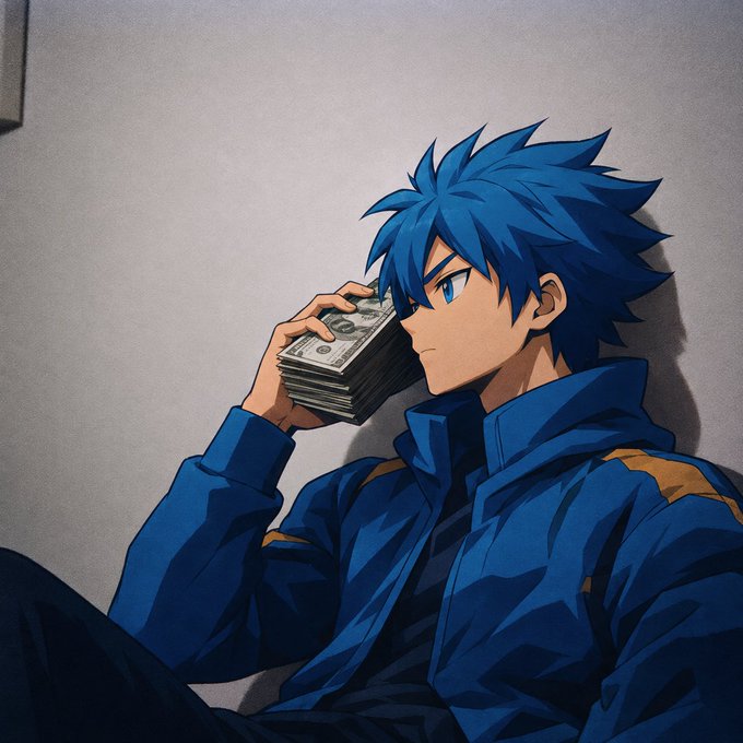 An anime-style illustration of a blue-haired character in a blue jacket holding a thick stack of cash to his ear like a phone.