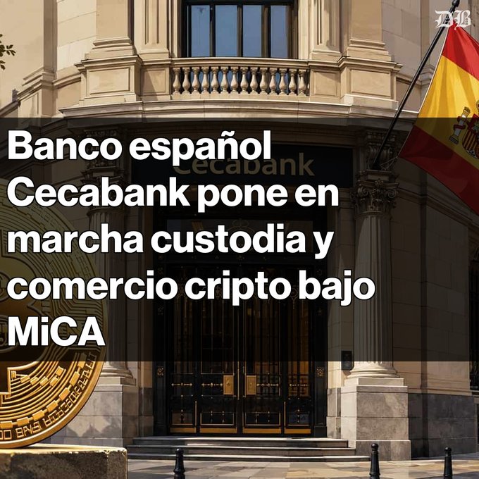The image shows a front door of a bank building, with a flag flying from the top right corner. The text in the image reads "Banco espanol Ceceabank pone en marcha custodia y comercio de cripto bajo el marco MiCA Esto refuerza la unión entre la banca tradicional y el ecosistema digital." This post is about the bank's services and how they relate to the Spanish flag.