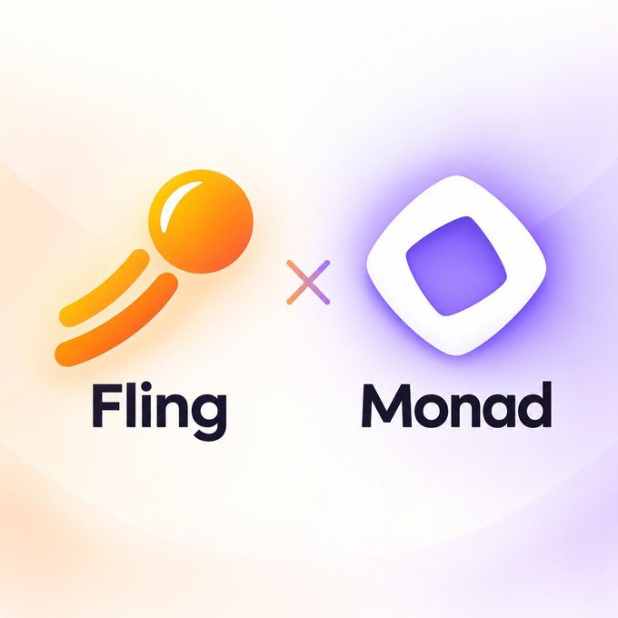 A promotional graphic featuring two logos side by side with an 'x' between them: 'Fling' (orange meteor-style icon) and 'Monad' (purple diamond icon) on a light gradient background.