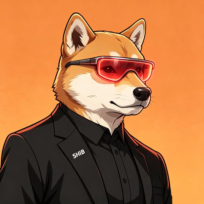 Stylized digital illustration of a Shiba Inu dog wearing red sunglasses and a black suit with a 'SHIB' label, set against an orange background.