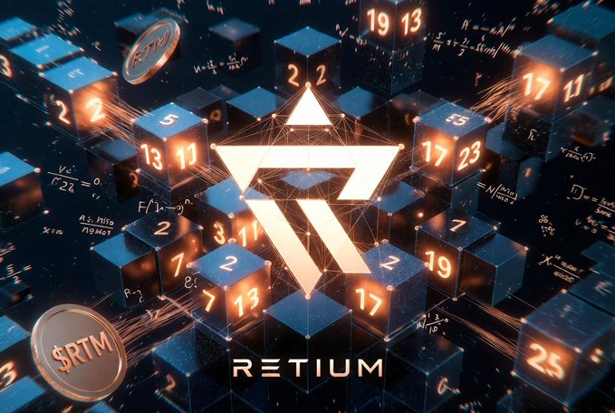 A futuristic digital artwork displays a glowing 'R' logo surrounded by floating cubes featuring numbers like 19, 13, 2, 5, 17, 23, and mathematical equations, with coins labeled 'RTM' and 'RTIU' and the word 'RETIUM' at the bottom.