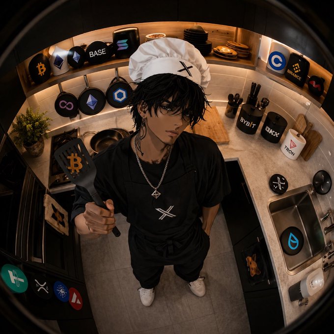 A stylized anime character dressed as a chef in a crypto-themed kitchen holds a spatula featuring the Bitcoin (₿) logo, surrounded by cooking pots and utensils branded with logos and names of major crypto projects and exchanges including BASE, Polygon (MATIC), Binance, Coinbase (C), Bybit, OKX, TRON, XRP, and Stellar (XLM).

The image creatively ties into the post by blending the cooking metaphor of "shipping" a real-world business with blockchain integration, using the chef and kitchen setting to illustrate how projects like EthraShip connect crypto infrastructure to tangible shipping industry value.