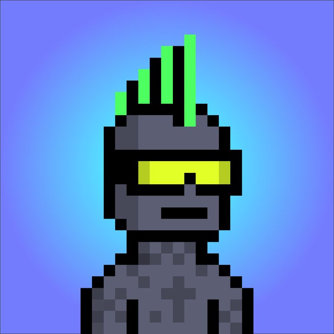 A pixel art character with a green mohawk, yellow visor, and dark armor set against a blue gradient background.