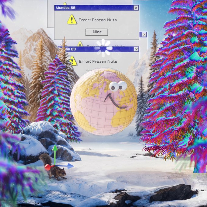 A surreal, glitchy digital artwork featuring a yellow smiley-face globe with eyes, vintage Windows-style 'Error: Frozen Nuts' error boxes, a squirrel with directional arrows, and vibrantly colored trees in a snowy mountain landscape.