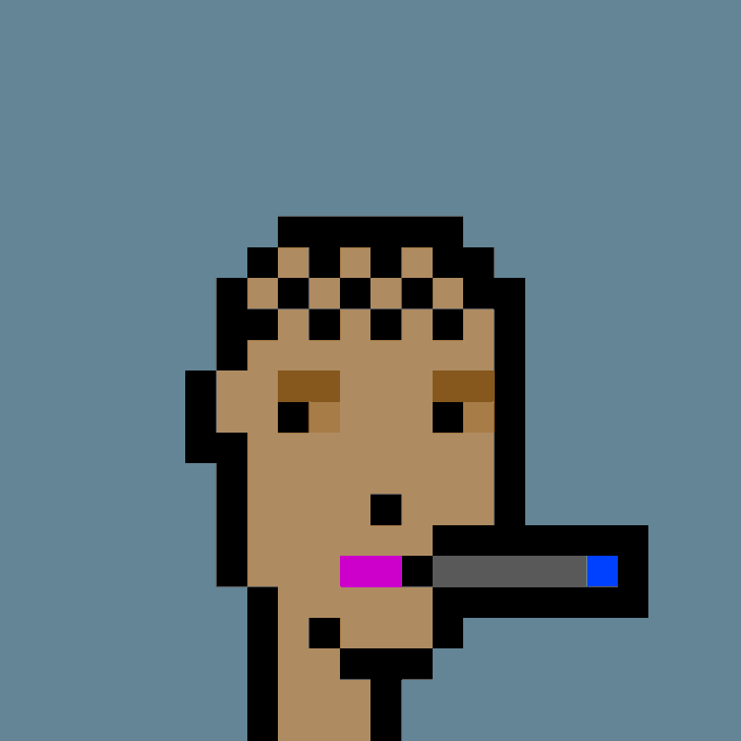 A pixelated portrait of a male character with short dark hair, sideburns, and a cigarette in his mouth, rendered in a retro 8-bit style against a blue background, representing CryptoPunk #2876, which was sold for 32.41 ETH ($89,002 USD).
