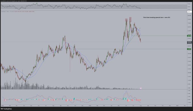 A TradingView price chart titled "Hyperliquid..." displays candlestick data with moving averages, showing a recent downward pullback from highs toward a support level near $45, aligning with the post's forecast of $HYPE pulling back to the $45 zone.