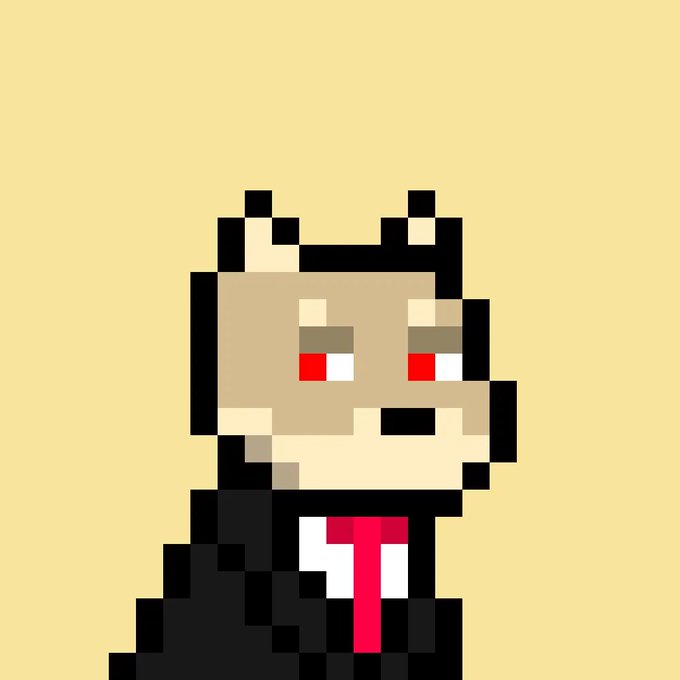 A pixel art illustration of a character in a black suit with a red tie, featuring distinctive red eyes on a beige background.