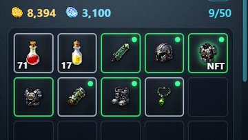 A game inventory screen displays items with values like 71, 17, and NFT, with currency totals of 8,394 coins and 3,100 diamonds.