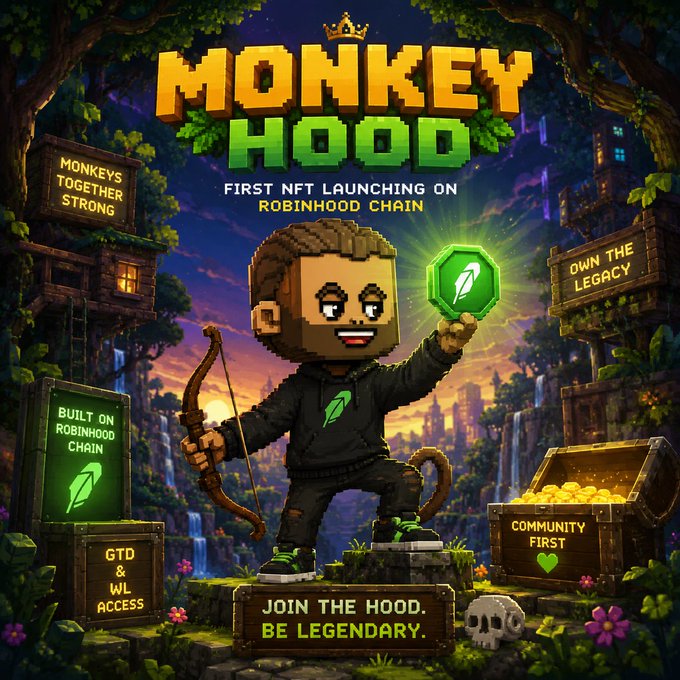 A colorful promotional graphic for 'MONKEY HOOD' advertising the 'FIRST NFT LAUNCHING ON ROBINHOOD CHAIN', with text like 'MONKEYS TOGETHER STRONG', 'OWN THE LEGACY', 'BUILT ON ROBINHOOD CHAIN', 'GTD & WL ACCESS', 'COMMUNITY FIRST', and 'JOIN THE HOOD. BE LEGENDARY.'
