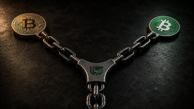 A 3D-rendered image showing two cryptocurrency coins—a gold Bitcoin on the left and a green Bitcoin Cash on the right—connected by chains to a central Y-shaped junction.