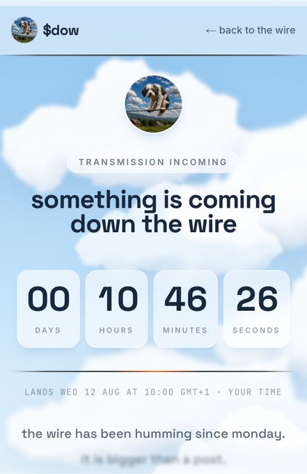 A teaser page for $dow (dogonwire) displays a "TRANSMISSION INCOMING" countdown to a major reveal, with 00 days, 10 hours, 46 minutes, and 26 seconds remaining until Wednesday, August 12 at 10:00 GMT+1, noting "the wire has been humming since monday."