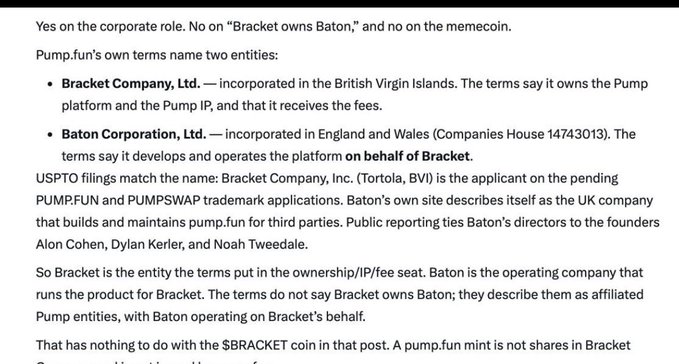 An article excerpt explains that 'Pump.fun's own terms name two entities' — 'Bracker Company, Ltd.' (BVI) and 'Baton Corporation, Ltd.' (UK) — describing Bracker as the IP/owner and Baton as the operating company.