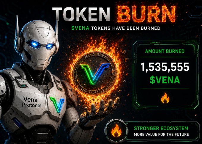Promotional graphic for Vena Protocol announcing a token burn of 1,535,555 $VENA tokens, featuring a robot mascot holding a flaming $V coin.