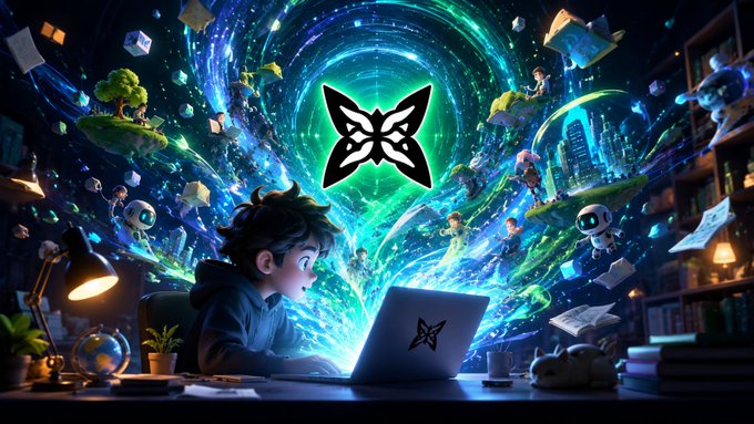 A vibrant fantasy-style illustration showing a young person at a laptop with a glowing green butterfly logo, surrounded by floating books, robots, and magical elements in a swirl of light.