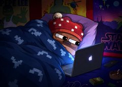 A digital illustration of a character wearing a red mushroom cap sleeping under a blue blanket with bone patterns while using an Apple laptop, set in a dimly lit room.