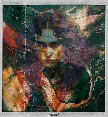 An abstract mixed-media portrait with a grainy, textured overlay features a figure wearing a military-style cap, with the text "romainlfi" at the bottom.