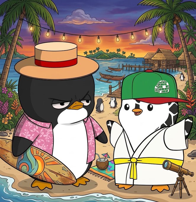 A cartoon illustration of two penguins on a tropical beach at sunset; one wears a straw hat and pink Hawaiian shirt holding a surfboard, while the other wears a green and red cap and a martial arts gi with a yellow belt.