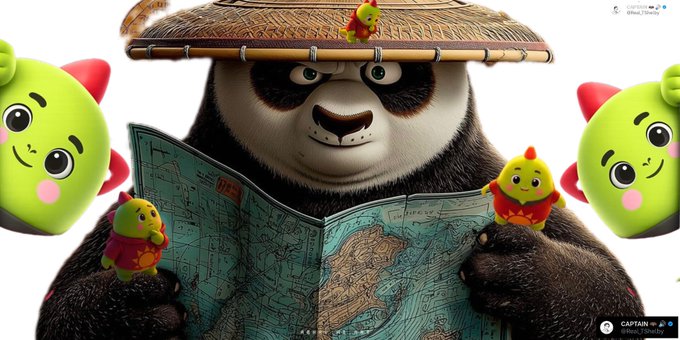 An animated panda character wearing a straw hat reads a map, surrounded by four small, colorful cartoon creatures. A 'CAPTAIN' label is visible in the bottom right corner.