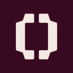 A minimalist logo featuring two stylized cream-colored shapes resembling brackets or parentheses centered on a dark maroon background.
