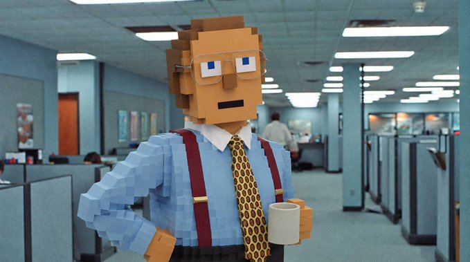 A blocky, pixelated office worker with glasses, suspenders, and a leopard-print tie stands confidently in a corporate cubicle farm holding a coffee mug, embodying the smug manager from the "Office Space" meme asking an employee to work the weekend.