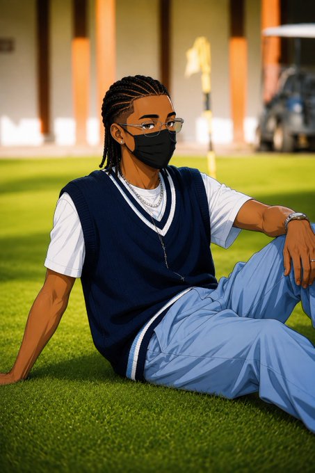 A digital illustration of a young man with braided hair, wearing glasses, a black face mask, a navy sweater vest over a white shirt, and light blue pants, sitting on grass.