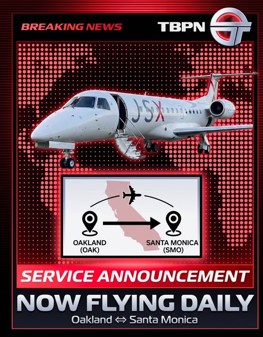 A TBPN breaking news graphic announces JSX's new daily service between Oakland (OAK) and Santa Monica (SMO), featuring a white JSX regional jet against a red halftone background. The "Billions unlocked" headline reflects the substantial market potential and increased connectivity this new route brings to both California markets.
