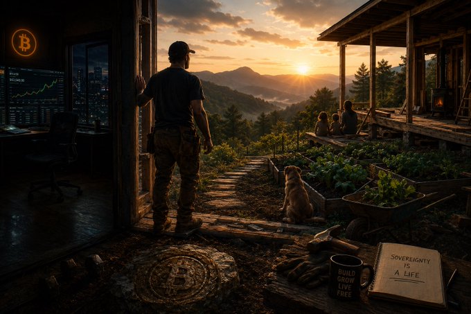 The image features an outdoor scene with a man standing near a door, looking out at a mountain range or valley below him. The sun is setting behind the mountains, creating a beautiful backdrop for the scene. In addition to the man, there are two dogs in the picture - one on his left side and another closer to the center of the image. A book can also be seen near the bottom right corner of the photo.

The post that accompanies this image is titled "I used to think Bitcoin sovereignty was mostly about never selling and where you actually live every day feels like it belongs to you in a way fiat and landlords can’t touch." The main focus of the image seems to be on the man standing near the door, with the sun setting behind him.