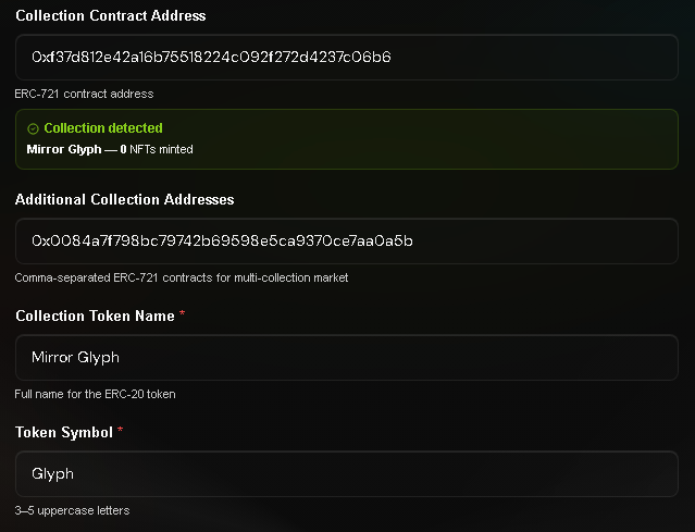A web form displays NFT collection configuration settings for "Mirror Glyph," showing a detected ERC-721 collection with 0 NFTs minted at contract address 0xd37d812e42a16b75618224c092f272d4237c06b6, along with an additional collection address field (0x0084a7f98bc79742b69698e5ca9370ce7aa0a5b) and token details with symbol "Glyph," illustrating Clutch Markets' new AMM feature that allows pairing multiple NFT collections to a single token.