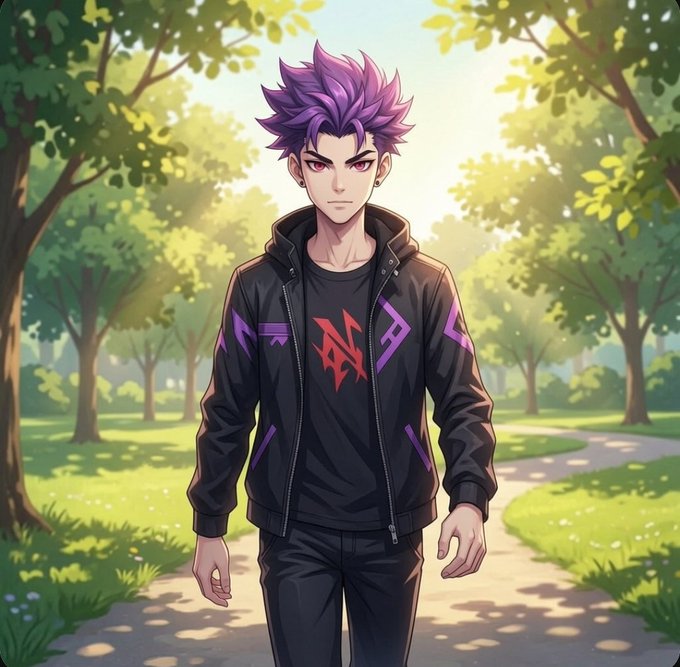 The image features a man walking down a path, wearing a black jacket with purple accents. He has long hair and an intense expression as he walks towards the camera. The background of the image includes trees and a park setting, creating a serene atmosphere for the scene.
