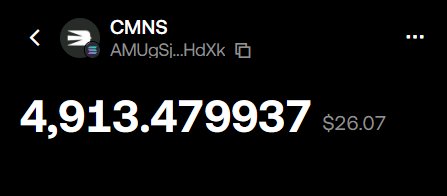 A digital wallet or portfolio display showing the token 'CMNS' with token address 'AMUgSj..HdXk' holding a balance of 4,913.479937 tokens valued at $26.07.