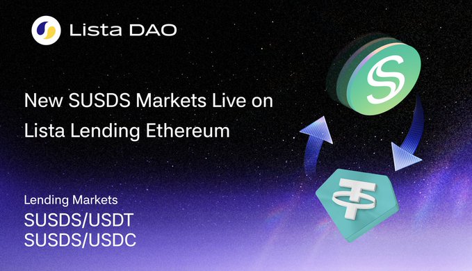The image is a promotional graphic by Lista DAO announcing that new sUSDS lending markets are live on Lista Lending Ethereum, featuring SUSDS/USDT and SUSDS/USDC markets, with the Lista DAO logo displayed alongside stylized coin icons representing the SUSDS and stablecoin pairs against a starry space background.
