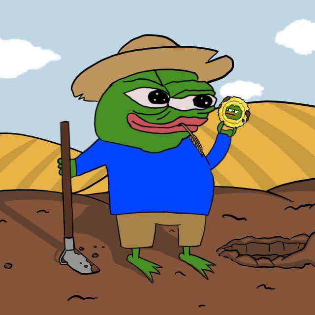 A cartoon Pepe the Frog dressed as a farmer in a straw hat holds a shovel and proudly examines a golden "Blur" coin he unearthed, referencing the tweet's mention of earning money through BlurCrypto referrals.